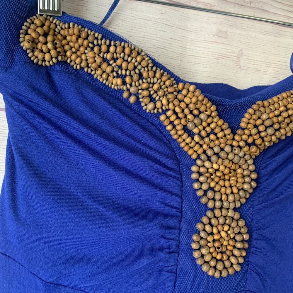 Design History Royal Blue Strapless Maxi Dress Wood Beaded Neckline Size Missy M - Picture 9 of 14